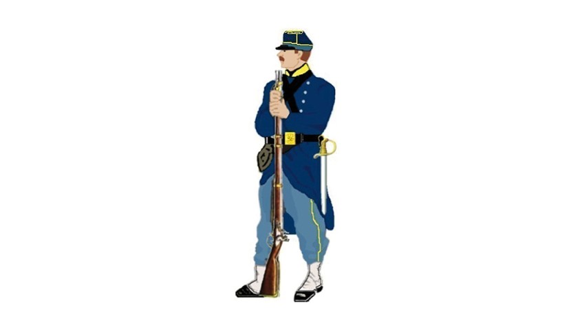 Second Empire 1858 : Gardien de maison centrale en 1858 coiffé du phéci et de la capote de drap bleu renouvelée tous les 3 ans. Pantalon en drap gris bleuté et baguettes en drap jaune jonquille sur les coutures de côté.