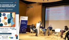Affiche de présentation de la journée accolée à une photo de Madame SOULOU pendant son intervention
