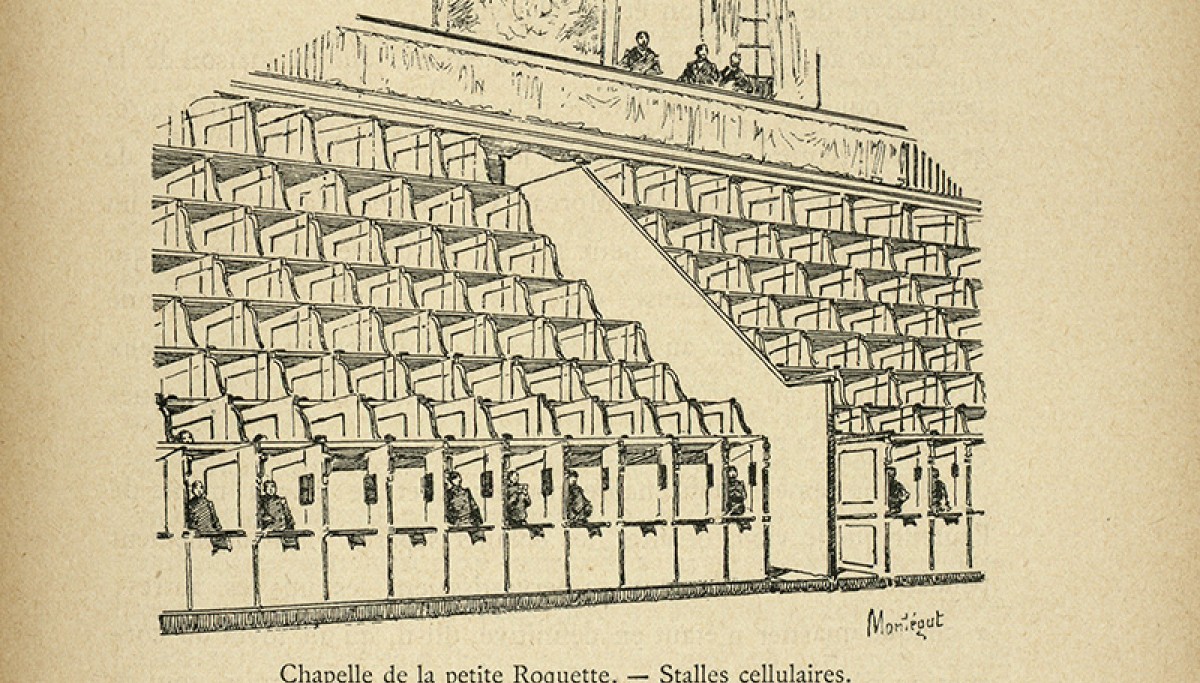 Chapelle de la petite Roquette : stalles cellulaires, gravure de Louis Montegut, extraite de « Les prisons de Paris et les prisonniers », par Adolphe Guillot, Paris : E. Dentu, 1890 (Coll. Enp-Crhcp)