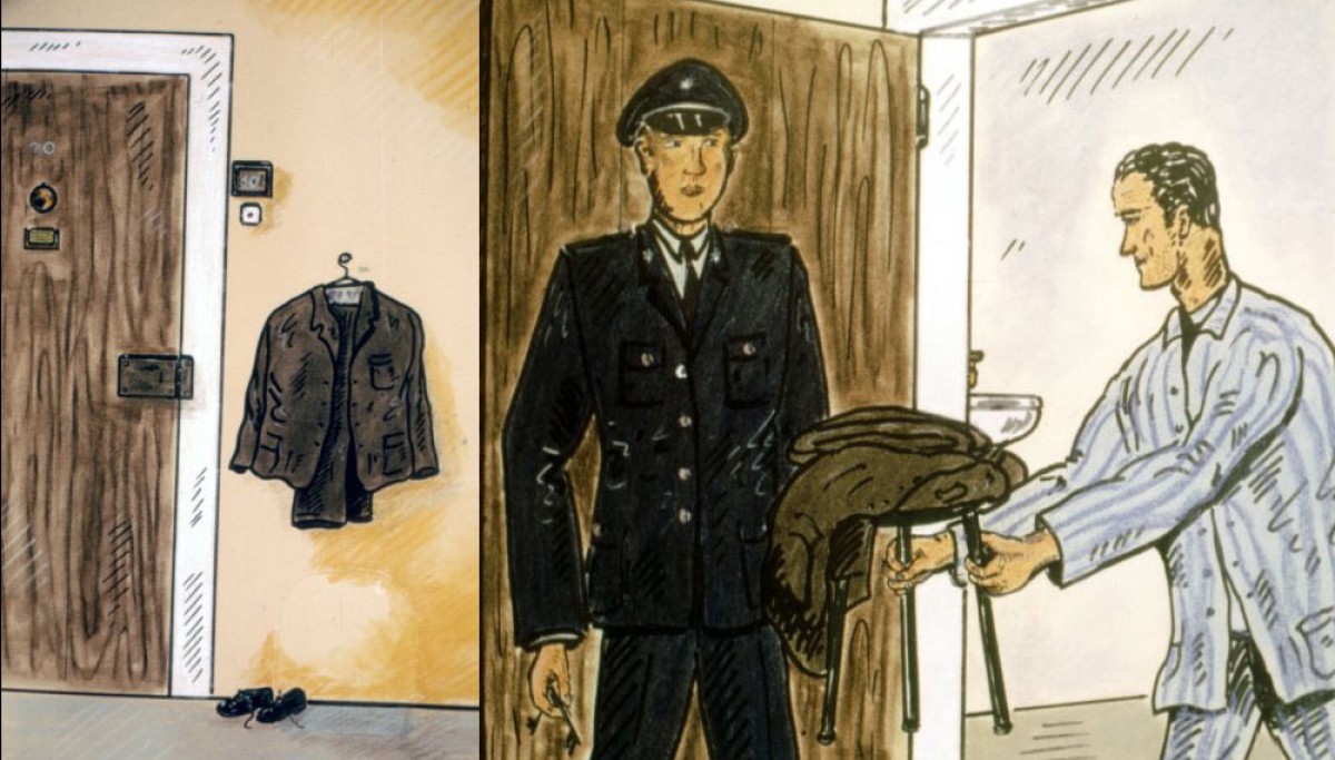 Le coucher des détenus – Diapositives pédagogiques utilisées dans le cadre de la formation des surveillants (vers 1970 ) (Coll. Enap-Crhcp). Pendant la nuit, le détenu doit laisser sa tenue pénale hors de la cellule. 