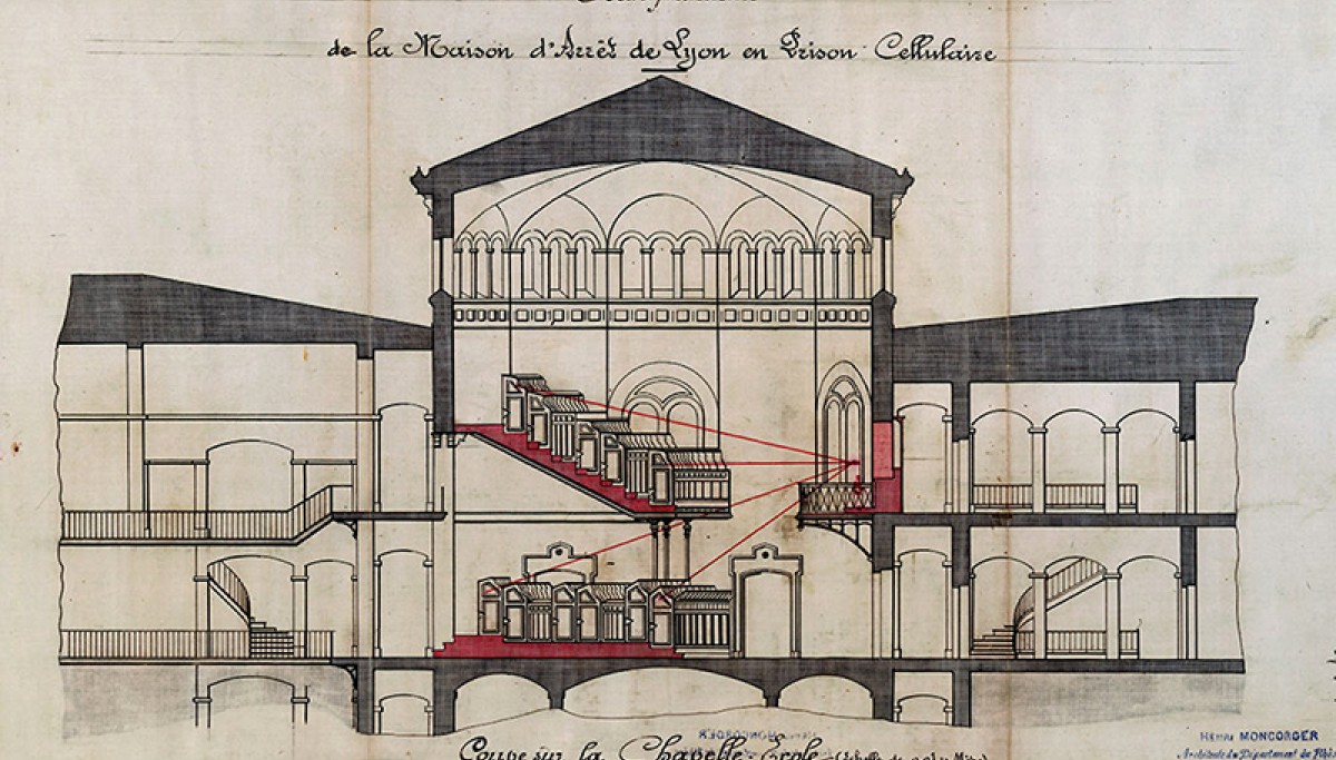 LYON : Transformation de la maison d’arrêt de Lyon en prison cellulaire : coupe de la chapelle-école, dressée par Henri Moncorger, architecte du département du Rhône, 1885 (Coll. Enap-Crhcp)