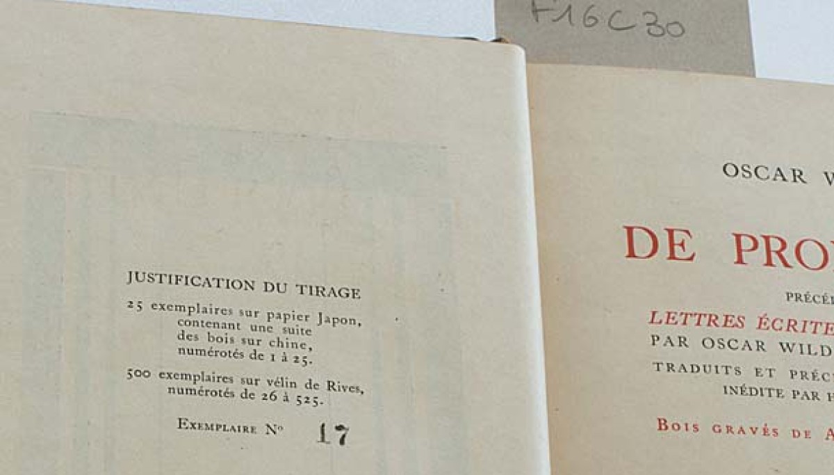 Enap, les Pépites du CRHCP. WILDE Oscar - De Profundis. Paris, Simon Kra, 1926