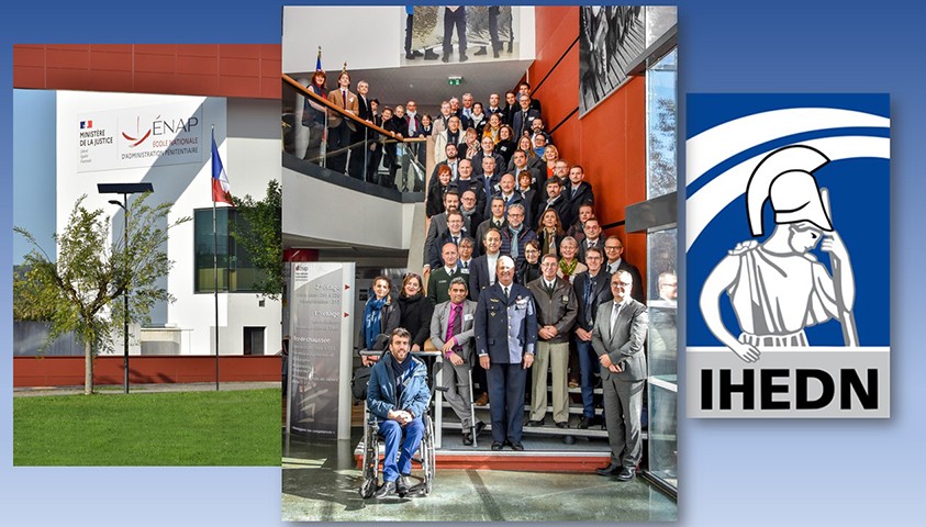 Visuel présentant une photo de l'ÉNAP, une photo de groupe des auditeurs à l'ÉNAP, et le logo de l'IHEDN
