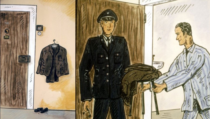 Le coucher des détenus – Diapositives pédagogiques utilisées dans le cadre de la formation des surveillants (vers 1970 ) (Coll. Enap-Crhcp). Pendant la nuit, le détenu doit laisser sa tenue pénale hors de la cellule. 
