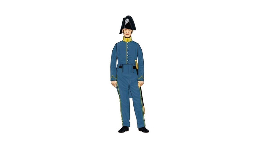 Restauration 1822-1849 : Gardien-chef, correspondant au grade de sergent major dans l’armée, arborant deux galons argent au collet de l’habit. Il est équipé d’une épée plate et ceinturon en cuir et porte un chapeau avec ganse en laine